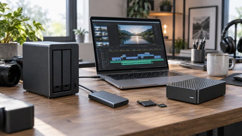 Estação de trabalho com SSD, HD externo e NAS para criação de conteúdo