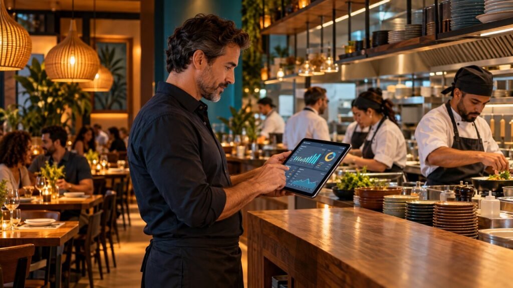 Gerente acompanha dados de pedidos e estoque em tablet dentro de restaurante