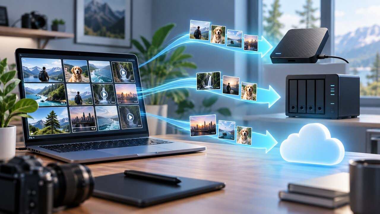Arquivos sendo copiados do computador para armazenamento externo, NAS e nuvem