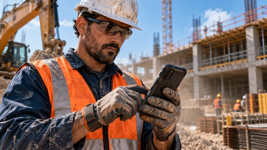 Trabalhador de obra utiliza celular resistente com luvas em ambiente externo