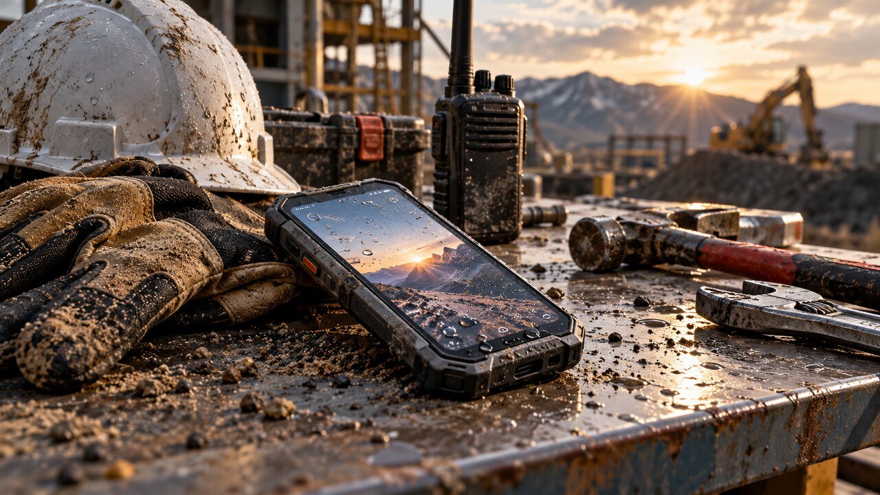 Celular robusto com gotas de água sobre bancada com ferramentas e equipamentos de proteção