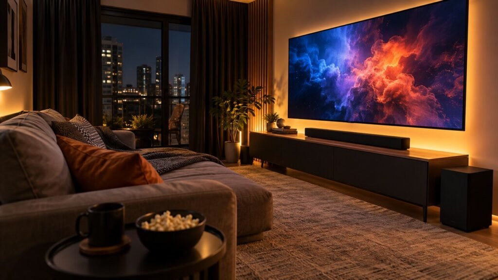 Sala de apartamento com televisão grande, soundbar, subwoofer, sofá, cortina e iluminação indireta