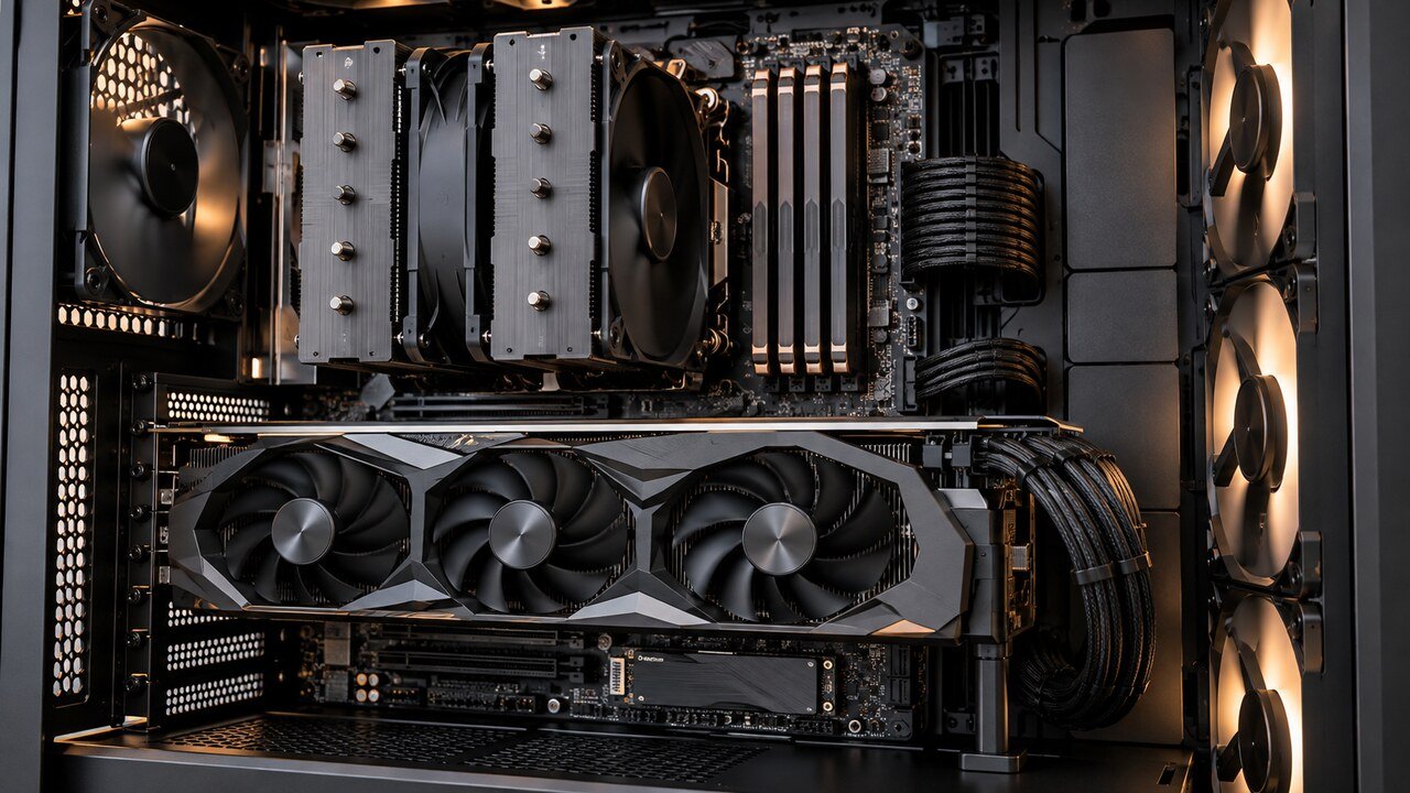 Interior de workstation com placa de vídeo, memória RAM, SSD e refrigeração