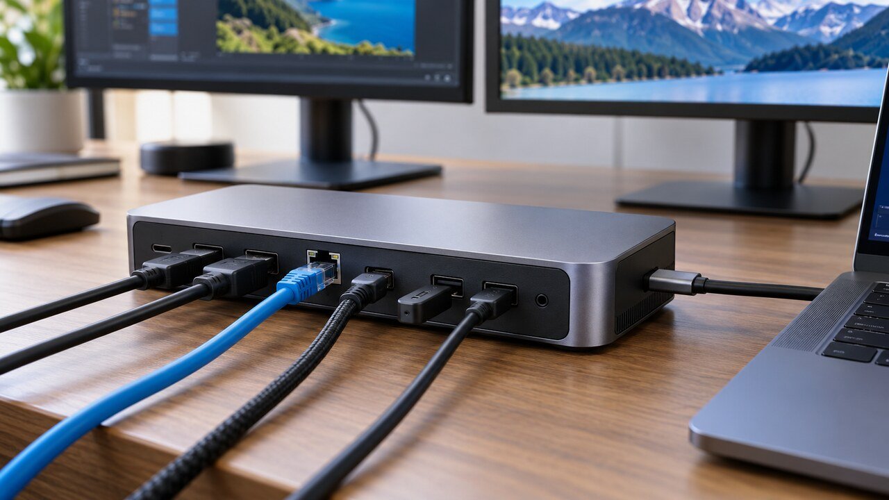 Dock station USB-C conectada a cabos de vídeo, rede Ethernet, energia e notebook