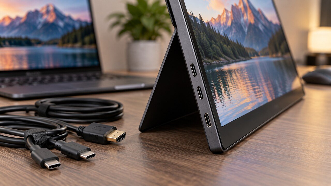 Monitor portátil com portas USB-C e mini HDMI ao lado dos cabos compatíveis