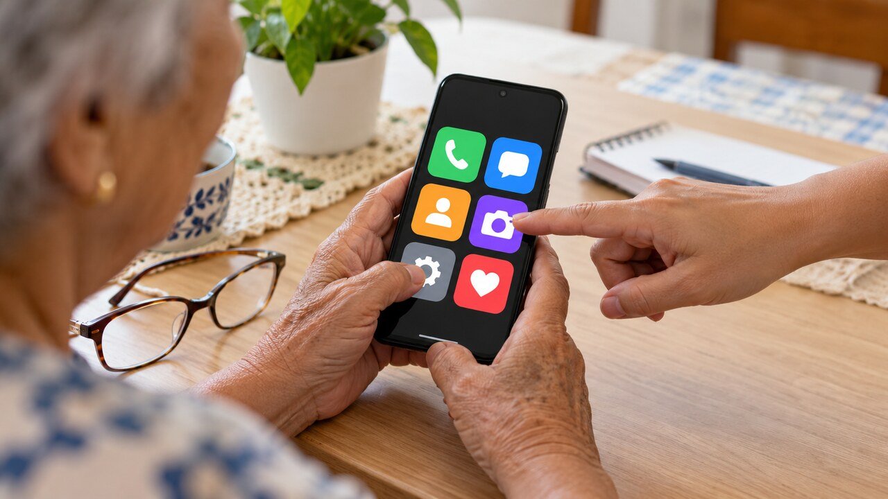 Mãos de pessoa idosa seguram smartphone com ícones grandes durante configuração acessível