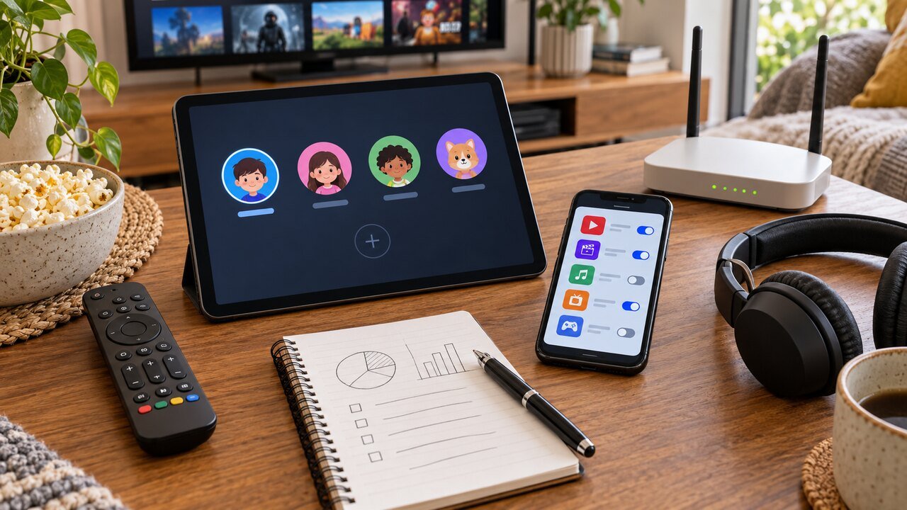 Tablet com perfis infantis, celular com controles de assinatura, controle remoto, fones e roteador sobre uma mesa