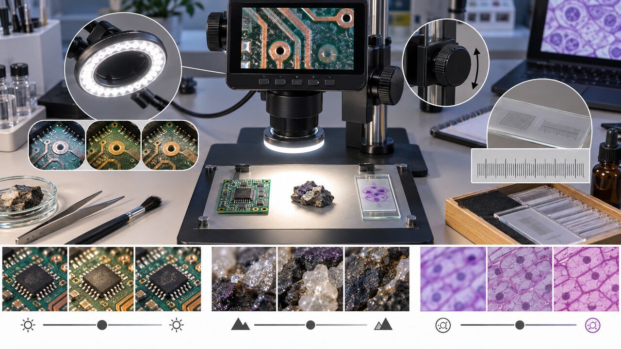 Microscópio digital analisando placa eletrônica, mineral e lâmina biológica com iluminação ajustável e escala de calibração