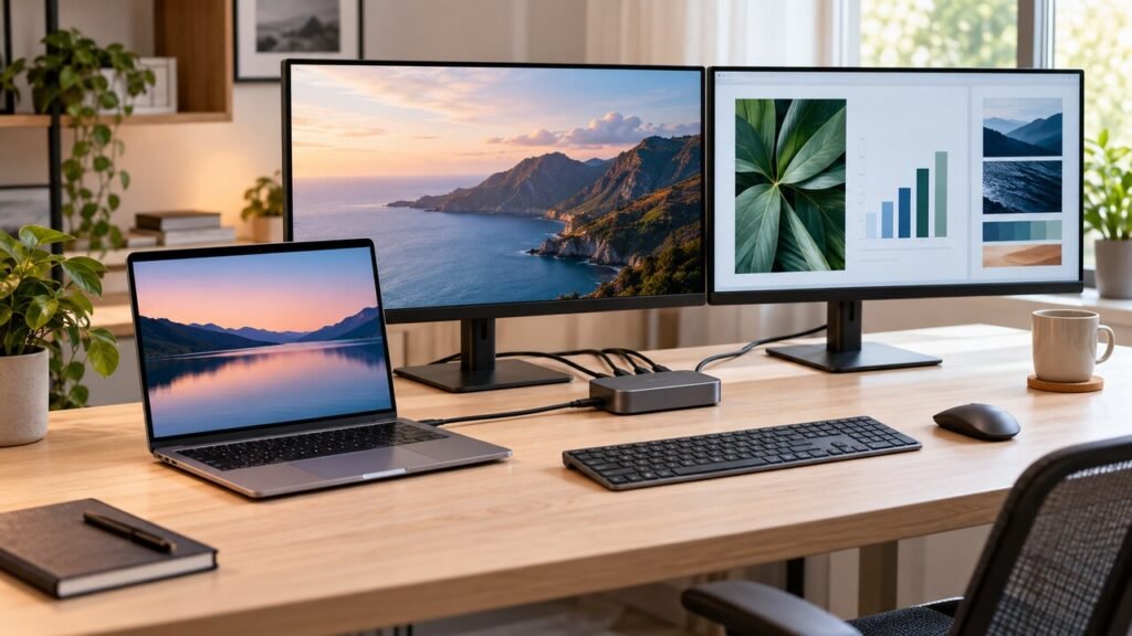 Notebook conectado por dock station USB-C a dois monitores externos em mesa de trabalho