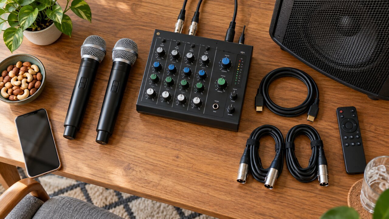 Dois microfones, mixer compacto, cabos, celular, controle remoto e caixa de som organizados sobre uma mesa
