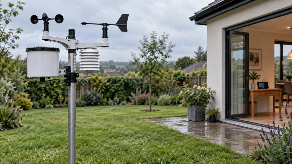 Estação meteorológica doméstica com sensores de chuva, vento, temperatura e umidade instalada em um jardim
