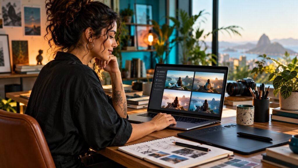 Profissional criativa compara variações de imagens geradas por IA no notebook