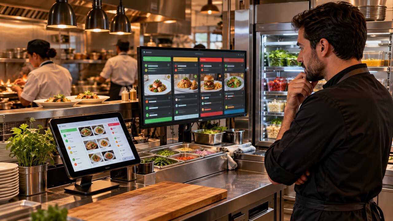Profissional confere fila digital de pedidos e ingredientes em cozinha de restaurante