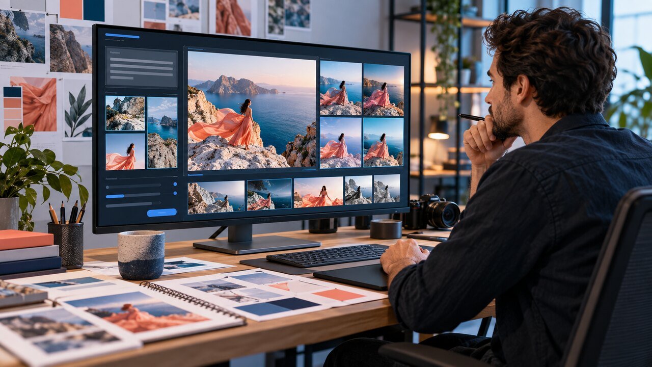 Designer revisa referências e variações visuais geradas por inteligência artificial