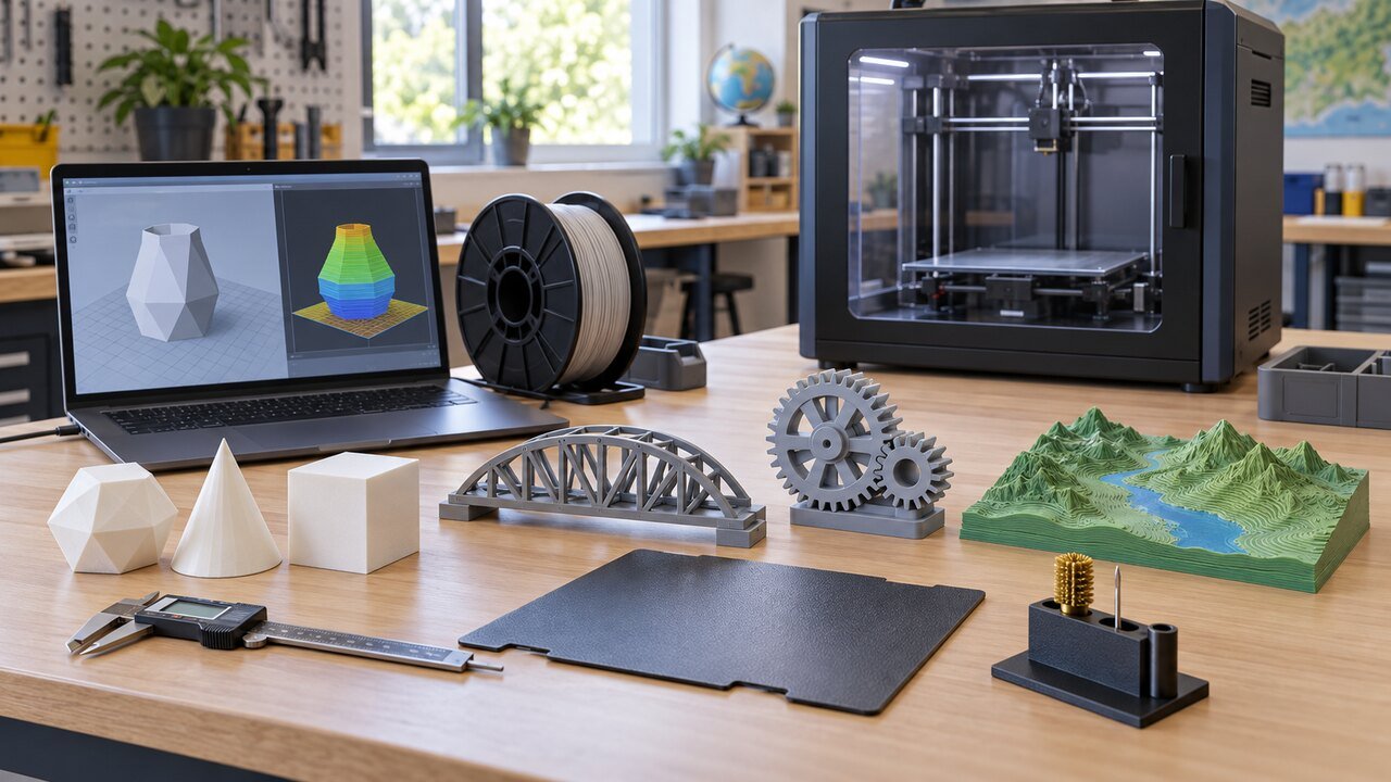 Fluxo de impressão 3D educacional com computador, filamento e modelos didáticos