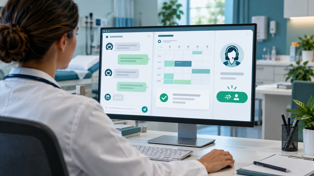 Profissional de saúde revisa conversa de chatbot, agenda e transferência para atendimento humano