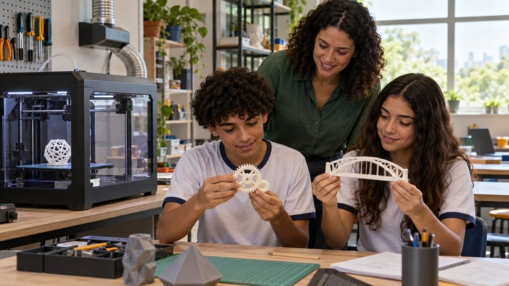 Professora e estudantes avaliando modelos produzidos em impressora 3D escolar