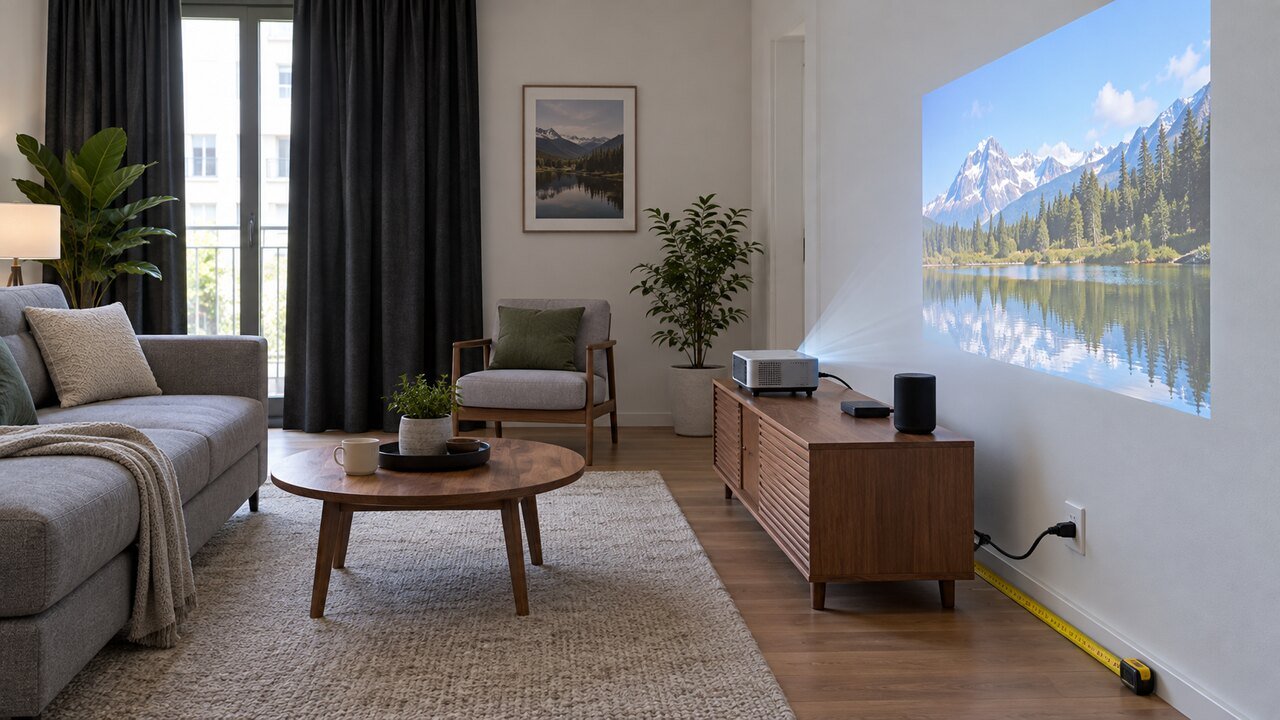 Instalação de projetor portátil em apartamento com parede livre e cabos organizados