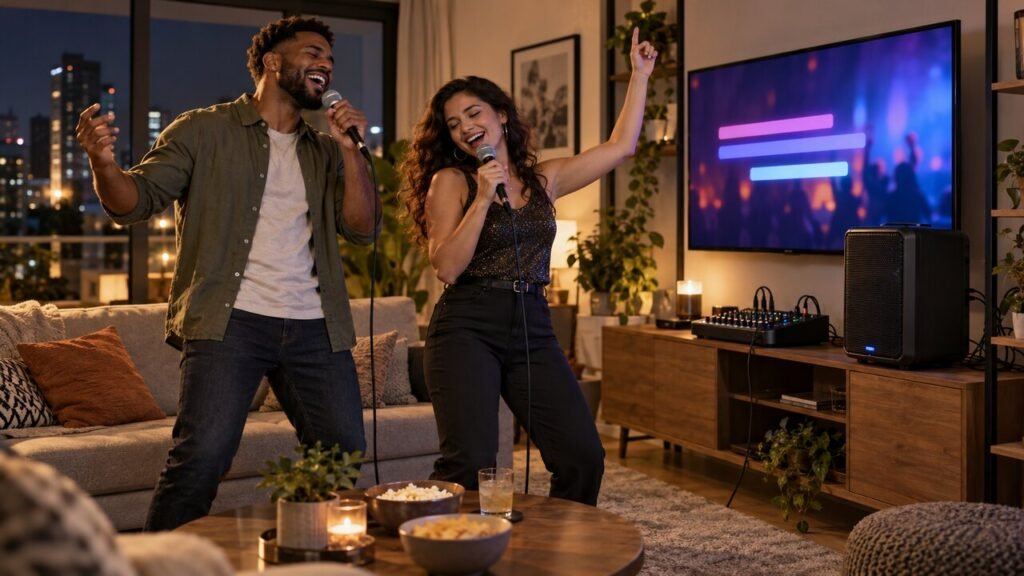 Duas pessoas cantando em um karaokê doméstico com microfones, mixer, caixa ativa e TV