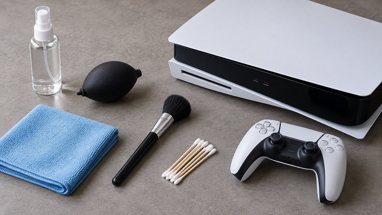 Pano de microfibra, pincel macio, pera de ar e cotonetes ao lado de console desligado
