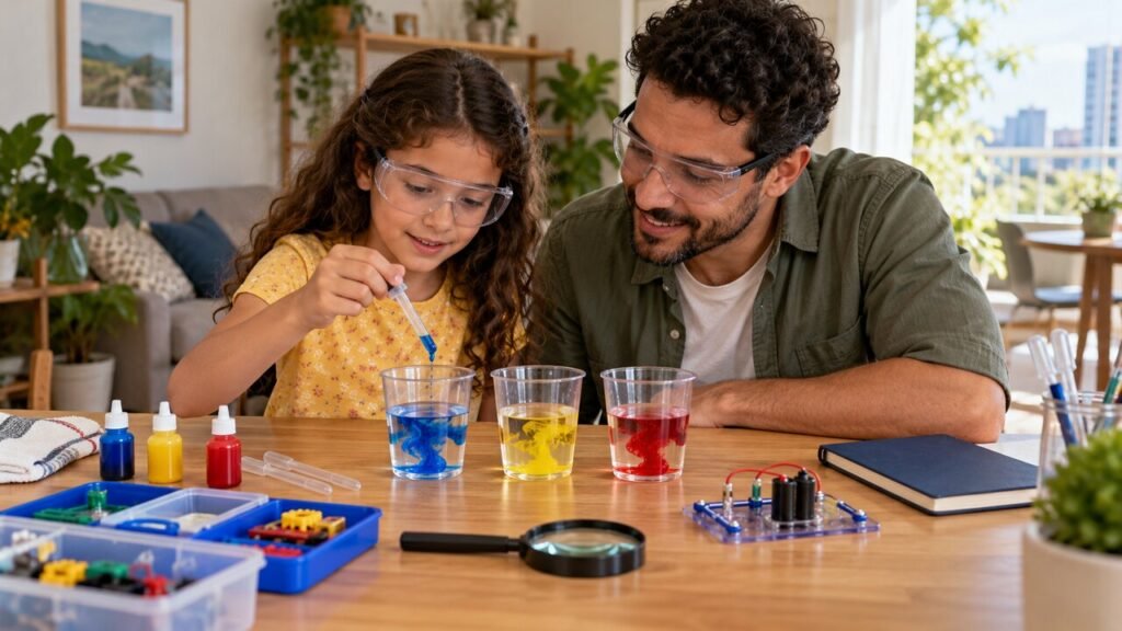 Criança usando um kit científico com supervisão de um adulto