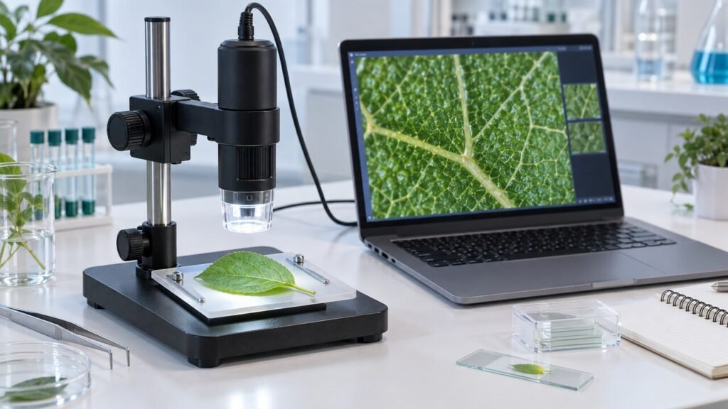 Microscópio digital em suporte analisando uma folha e exibindo a ampliação em um notebook