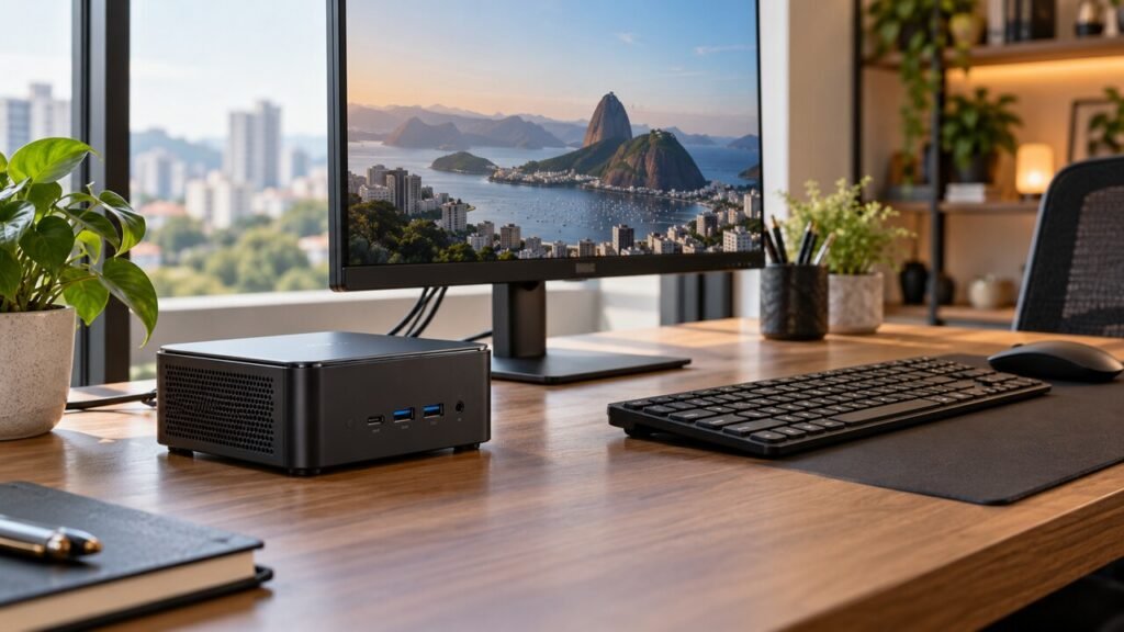 Mini PC compacto em mesa de trabalho com monitor, teclado e mouse
