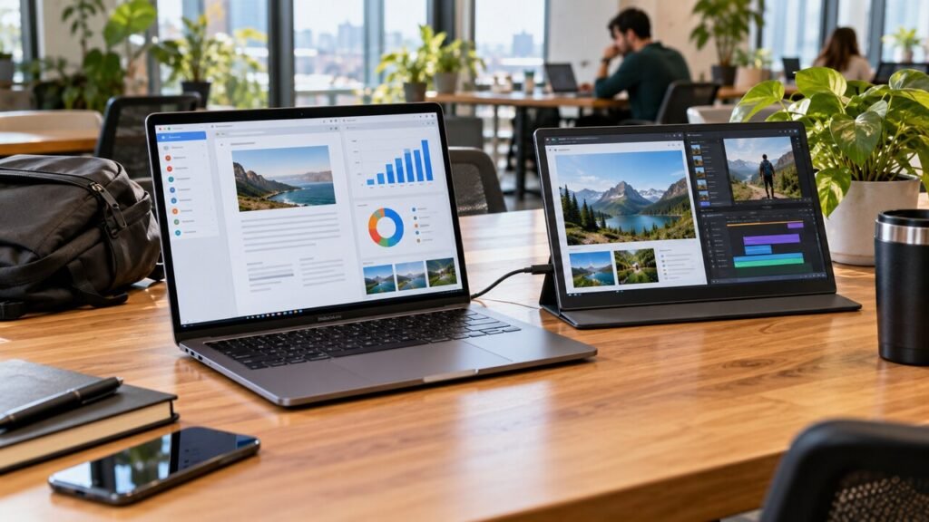 Notebook conectado por USB-C a monitor portátil em mesa de trabalho