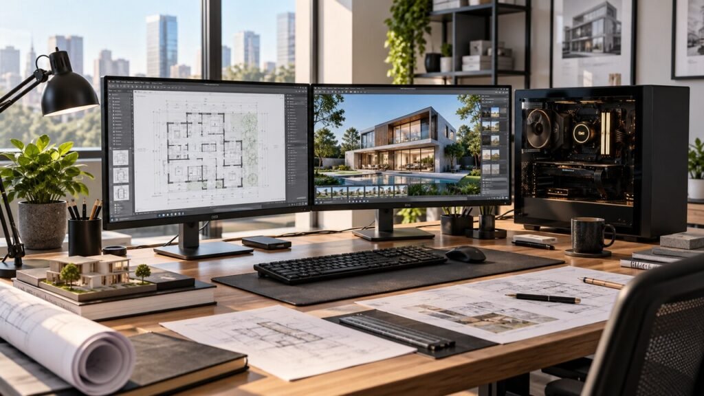 Estação de arquitetura com dois monitores e computador para renderização