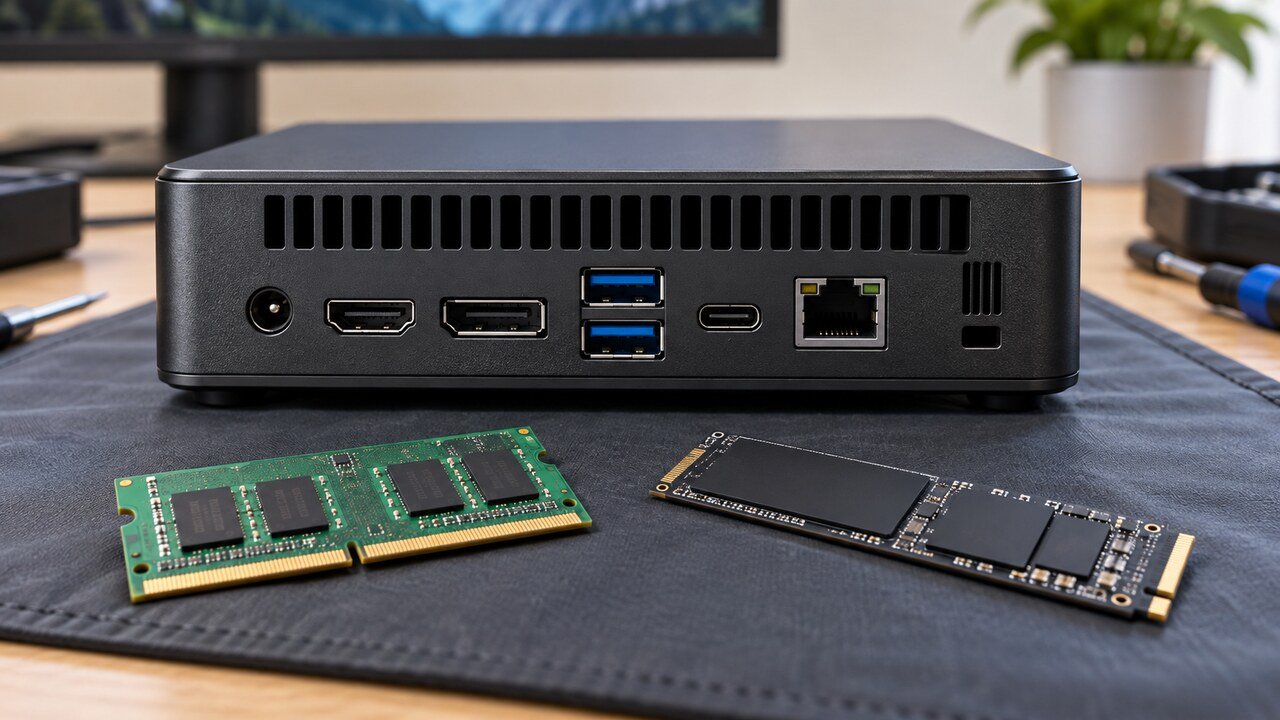 Parte traseira de mini PC com portas de vídeo, USB, Ethernet, memória RAM e SSD