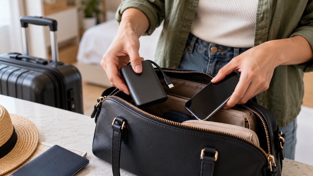 Pessoa guarda power bank e smartphone em bolsa de mão antes de uma viagem