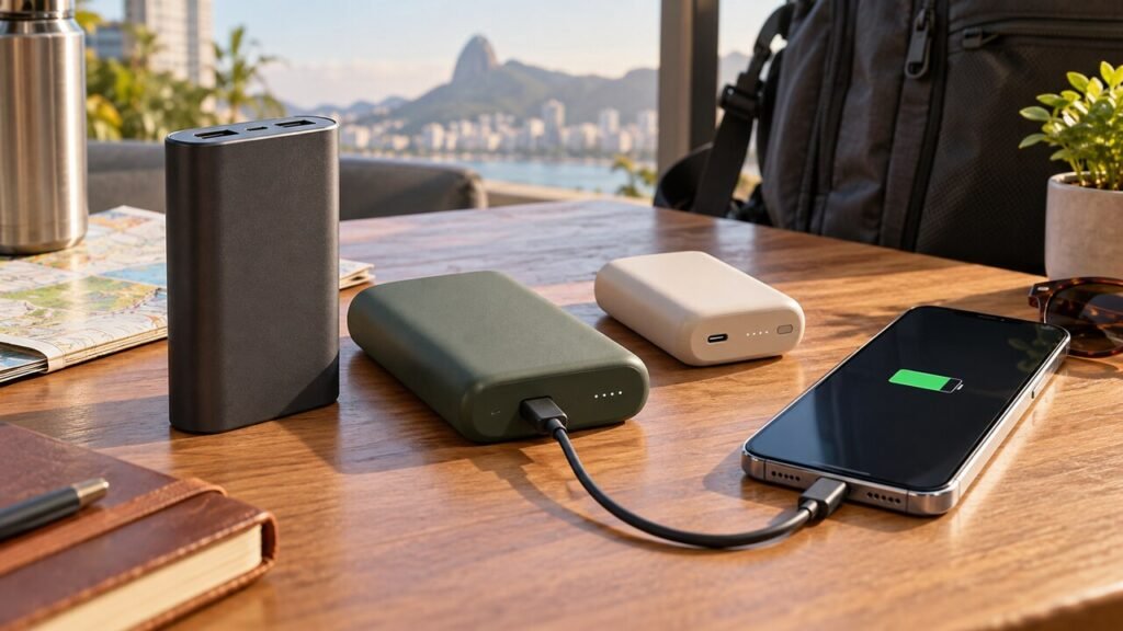 Três power banks de diferentes tamanhos ao lado de smartphone carregando por cabo USB-C