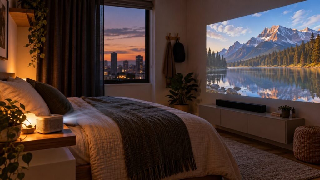 Projetor portátil exibindo imagem em uma parede de quarto de apartamento
