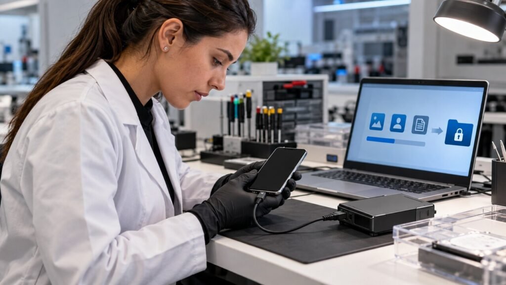 Técnica examina smartphone conectado a equipamento de diagnóstico para recuperação segura de dados