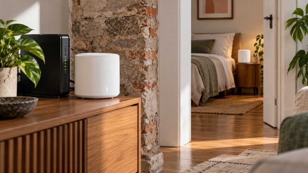Dois roteadores mesh distribuídos em apartamento com parede grossa