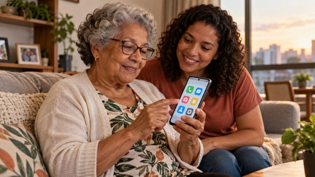 Mulher idosa usa smartphone com ícones grandes enquanto familiar oferece apoio ao lado