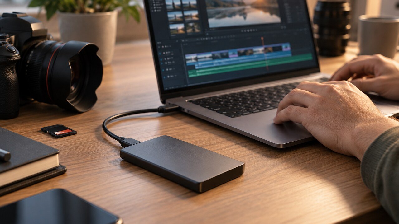 SSD externo conectado ao notebook durante a edição de vídeo
