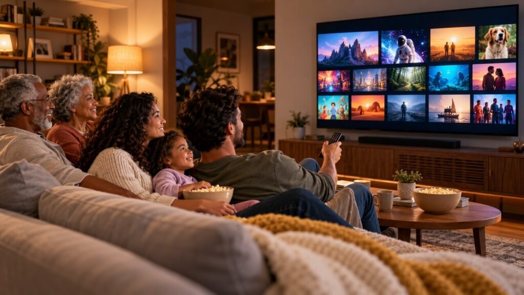 Família de diferentes idades assistindo a uma seleção de filmes e séries na televisão da sala