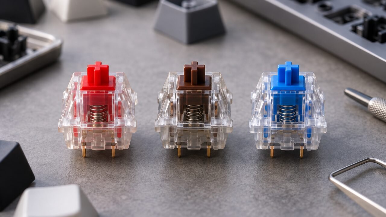 Três switches mecânicos de teclado em cores diferentes