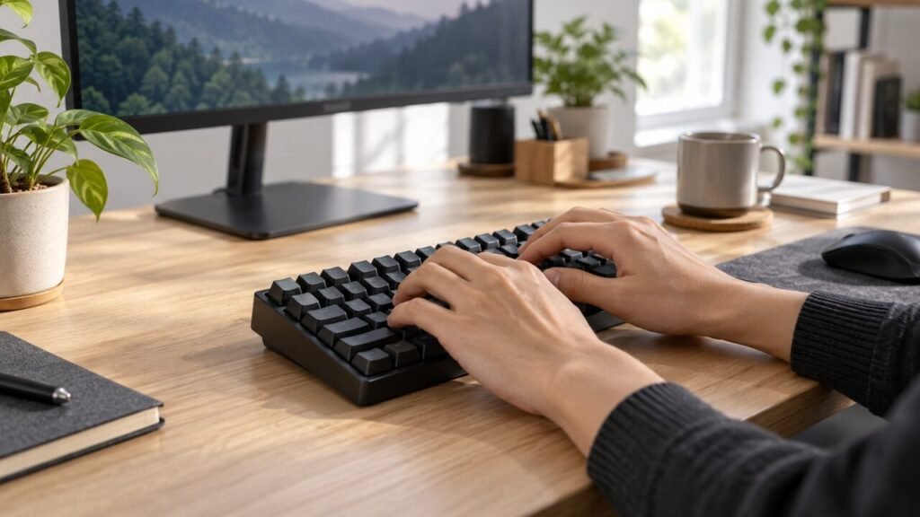 Pessoa digitando em um teclado mecânico silencioso no home office