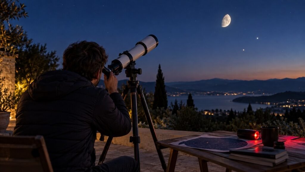 Pessoa observando a Lua com um telescópio refrator em uma noite de céu limpo