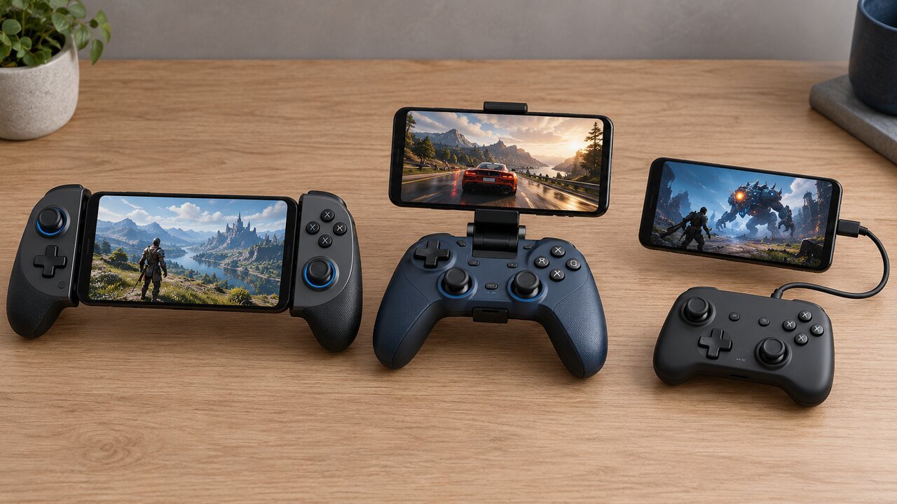 Comparação entre controle telescópico, gamepad com clipe e controle conectado por cabo