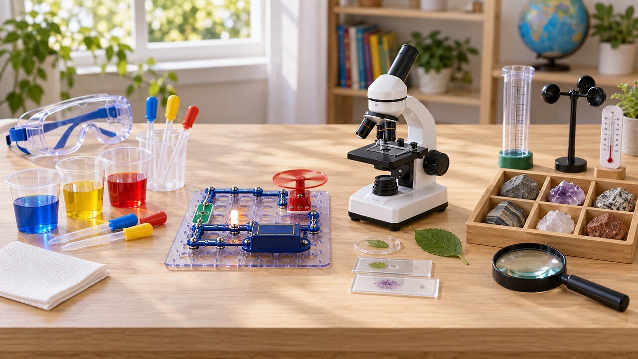 Diferentes tipos de kits científicos infantis organizados sobre uma mesa