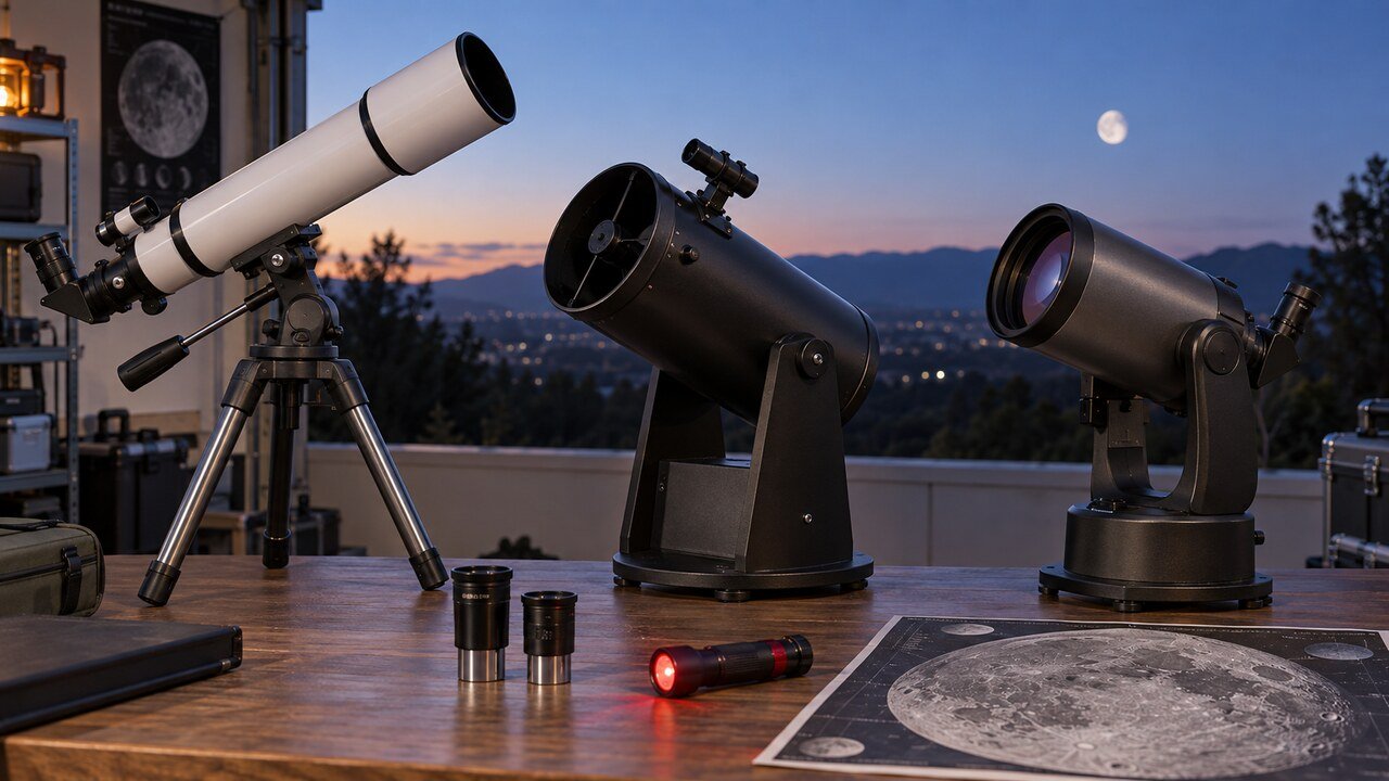 Comparação entre telescópio refrator, refletor newtoniano e Maksutov para observação astronômica