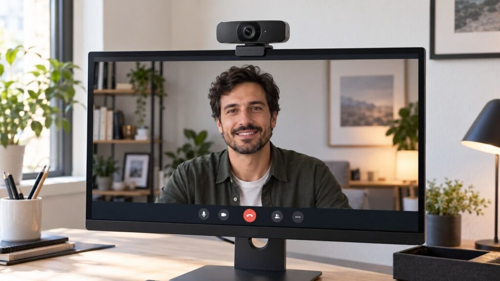 Webcam com enquadramento automático sobre monitor durante videochamada