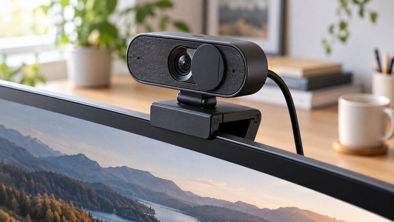Webcam com obturador de privacidade instalada sobre um monitor